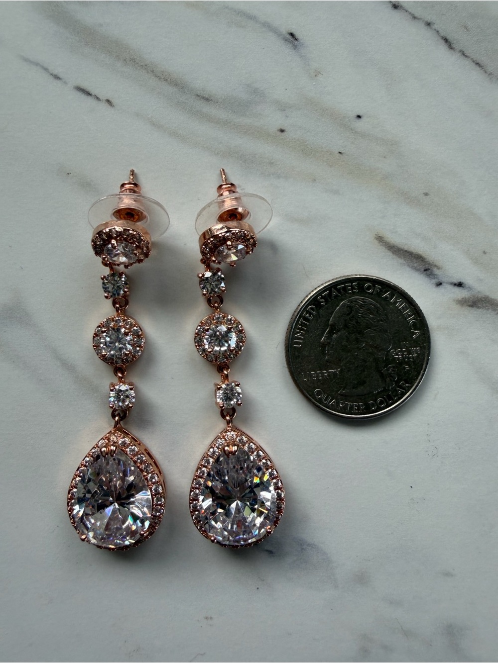 Rose Gold CZ Teardrop Bridal Dangle Earrings - Women Jewelry - Picture 2 of 2
